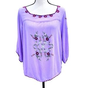 SUNAHARA LAVENDER PURPLE FLORAL EMBROIDERED PEASANT BLOUSE